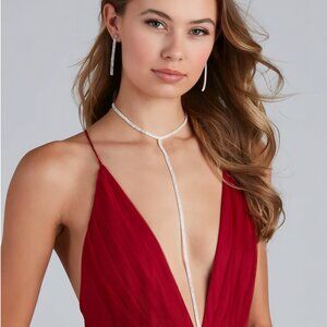 Windsor ✦ Glam Rhinestone Necklace & Earrings Set ✦ T-Shaped Silver Design NWT